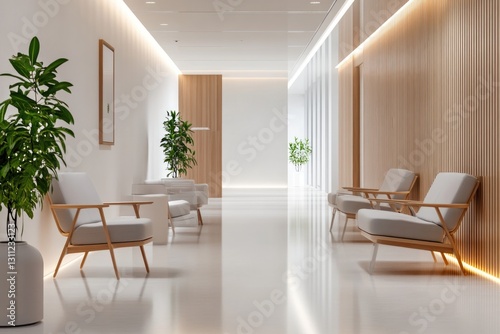 Bright, modern hallway featuring minimalistic furniture and gree