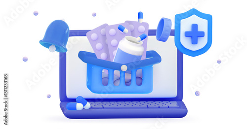 3d online pharmacy Medical drug store online Buy medical pills shopping concept Prescription bottle pad pills