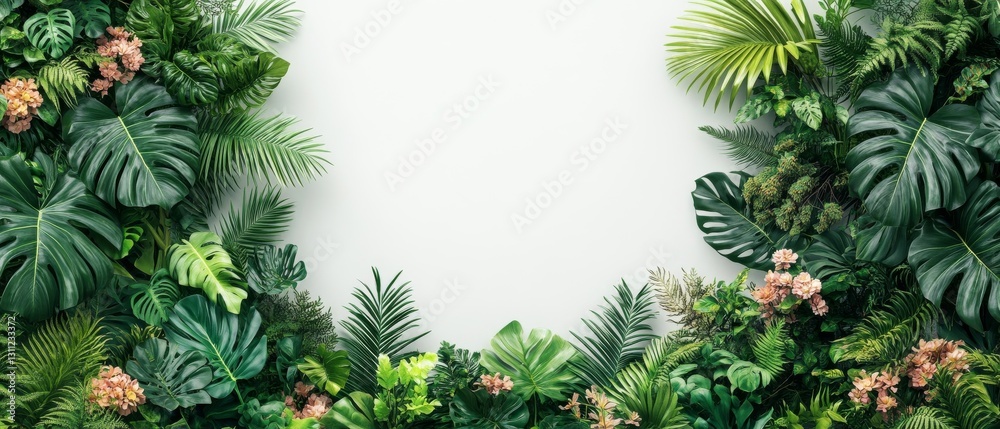 Lush Tropical Greenery Frame with White Background Lush Tropical Greenery Frame with White Background