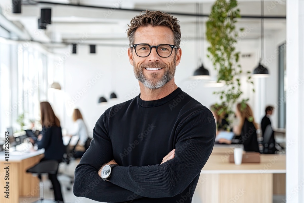 Confident man in modern office, smiling with arms crossed, styli Confident man in modern office, smiling with arms crossed, styli