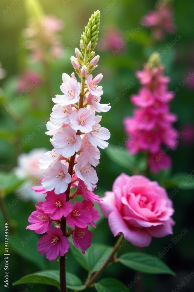 Pink & white Verbascum, summer roses & salvia bloom, bright, roses Pink & white Verbascum, summer roses & salvia bloom, bright, roses