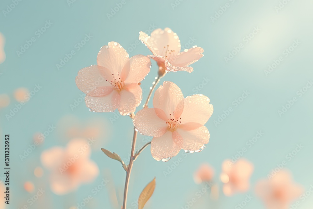 Fototapeta premium Delicate pink flowers adorned with dew glisten under soft blue s