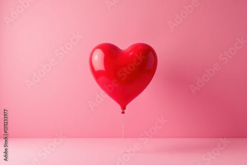 Single red heart balloon floats against a minimalist pink backdrop , brochure, valentine, single balloon