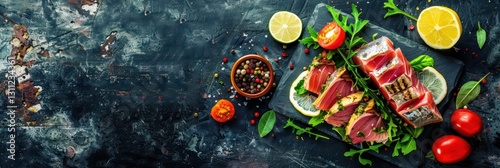 Wallpaper Mural Fresh grilled tuna and lemon with arugula and spices on slate for culinary presentation. Horizontal banner. Copy space. Top view. Flat lay Torontodigital.ca