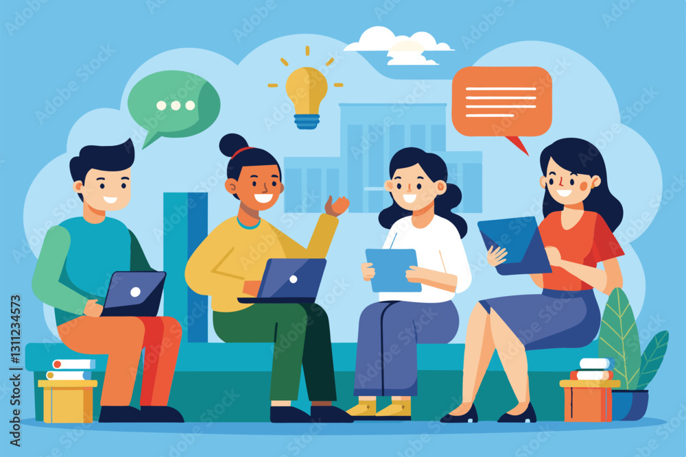 A group of four individuals is discussing ideas and sharing insights while using laptops and tablets, People talking Customizable Flat Illustration A group of four individuals is discussing ideas and sharing insights while using laptops and tablets, People talking Customizable Flat Illustration