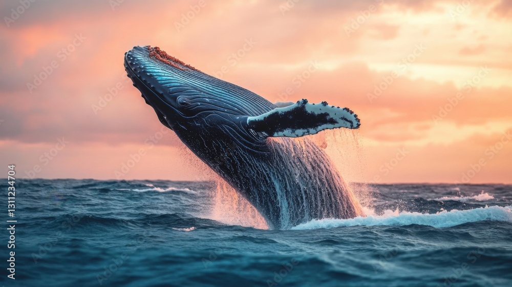 Fototapeta premium Whale leaps from ocean at sunrise