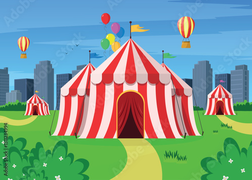 Retro circus tents in a city park with buildings in the background. Summer landscape.