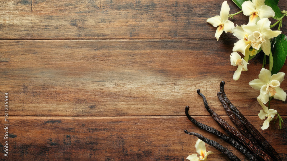 Fototapeta premium Vanilla beans and white flowers on rustic wooden background