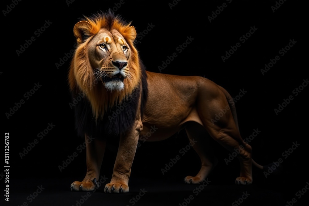 Obraz premium Majestic lion, isolated on pure black background, darkness, big cat