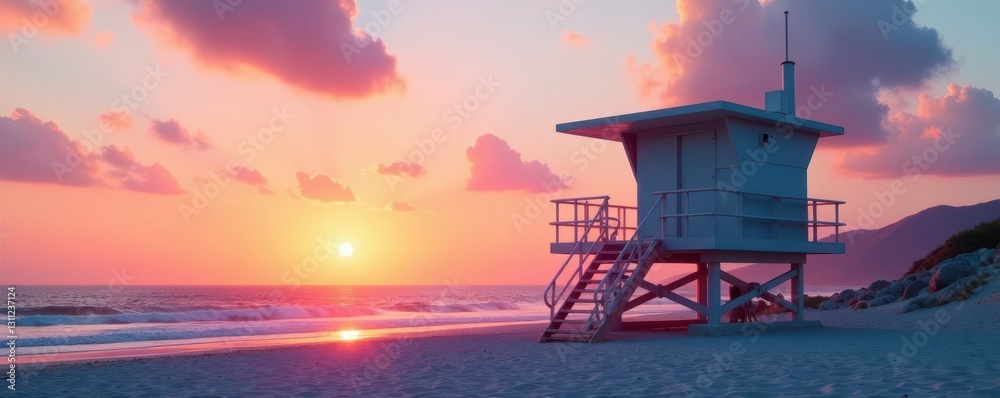 Art Deco style lifeguard tower at sunrise, pastel hues, pastel, soft Art Deco style lifeguard tower at sunrise, pastel hues, pastel, soft
