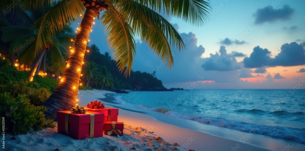 Fototapeta premium Palm tree adorned with Christmas lights, gifts on a tropical beach , gift boxes, summer christmas