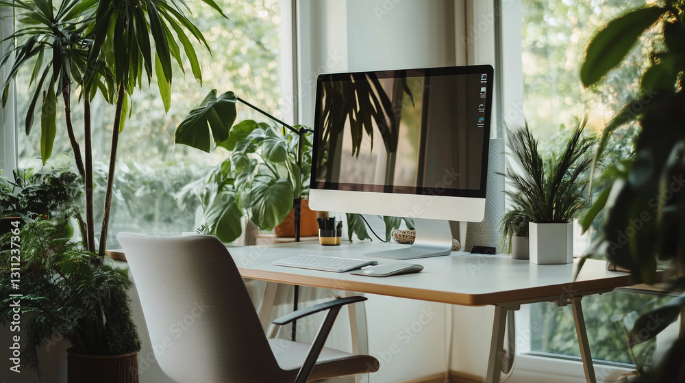 Fototapeta premium Modern Work-from-Home Setup with Desktop Computer and Indoor Plants