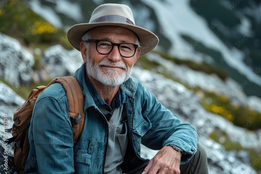 Senior man enjoying a peaceful moment while hiking in the mountains. Generative AI Senior man enjoying a peaceful moment while hiking in the mountains. Generative AI