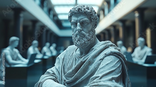 marble statue of a man working on a laptop in an office, business, career, finance, employment