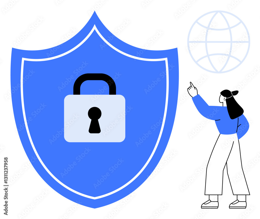 Fototapeta premium Large blue shield and padlock represent cybersecurity and privacy. Woman pointing at globe indicates global connection. Ideal for online safety, data protection, cybersecurity, encryption, digital