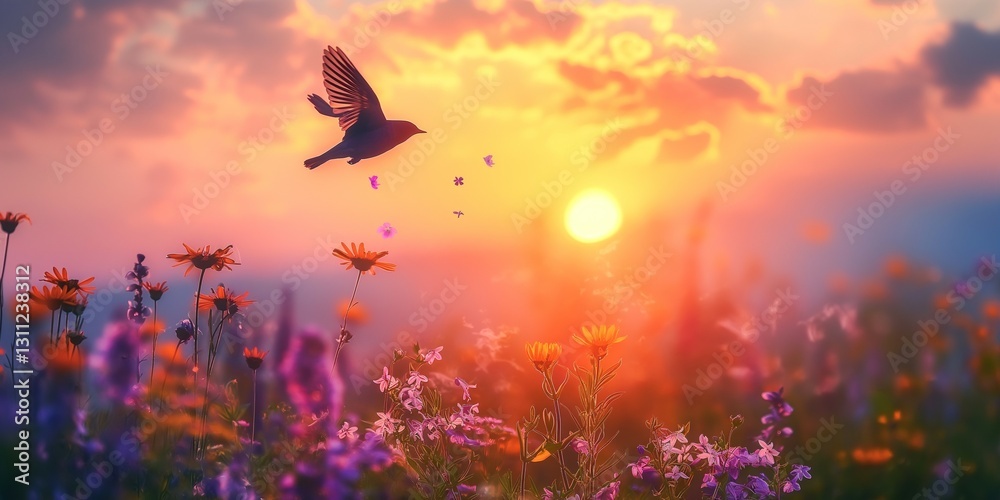 Fototapeta premium A serene sunset scene with a bird flying over vibrant wildflowers, creating a peaceful moment in nature.