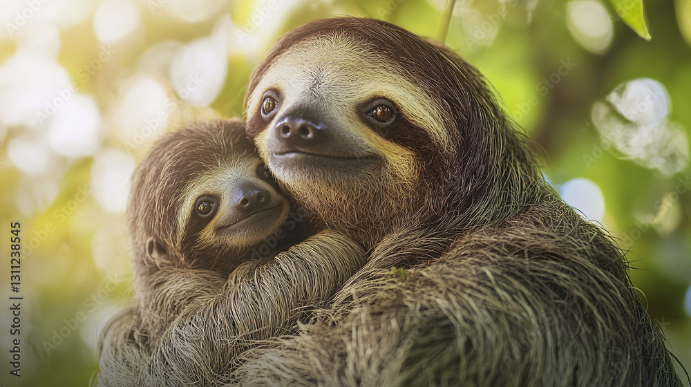 Fototapeta premium Mother sloth cradling her baby in lush forest setting