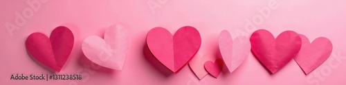 Pile of folded paper hearts on pink backdrop, close-up, hearts, design, greeting