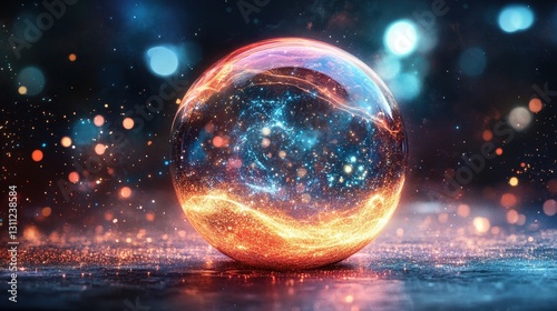 Glowing sphere with fiery, cosmic energy inside, bokeh background. Perfect for illustrating concepts like innovation, technology, or the universe.