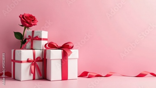 Pink backdrop, white gift boxes, red ribbons, rose , illustration, presents