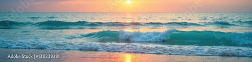 Calm turquoise waves gently lapping a tranquil shore, soft sunset hues , light, zen