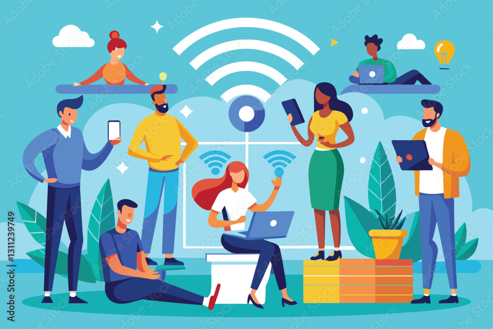 A group of individuals interacts with devices, showcasing wireless connectivity in a modern workspace, people using wireless network