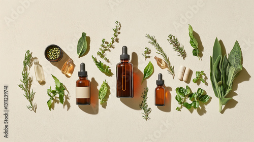 Flat-Lay Arrangement of Herbal Extracts, Essential Oils, and Natural Supplements