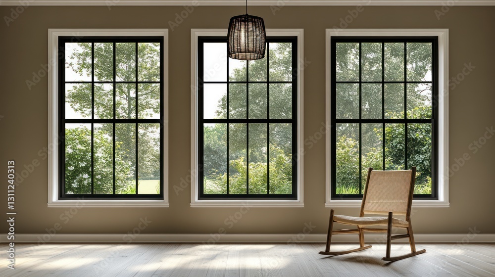 Modern Room with Large Windows, Peaceful View, Stylish Rocking Chair. Possible Use Home Decor, Interior Design Inspiration Modern Room with Large Windows, Peaceful View, Stylish Rocking Chair. Possible Use Home Decor, Interior Design Inspiration