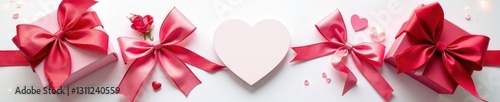 Luxury Valentine's Day gift set Roses, bows, pristine white backdrop , design, celebration, ribbon
