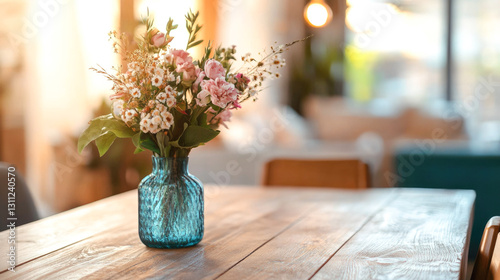 Rustic charm: wildflower bouquet in blue glass vase on wooden table