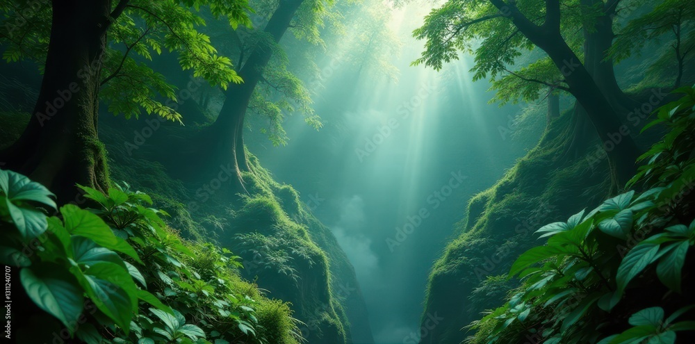 Fototapeta premium Dense emerald canopy, steam rising from jungle floor, image, vines, intense