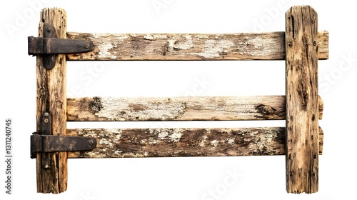 Rustic weathered wooden gate fragment with oxidized metal hinges