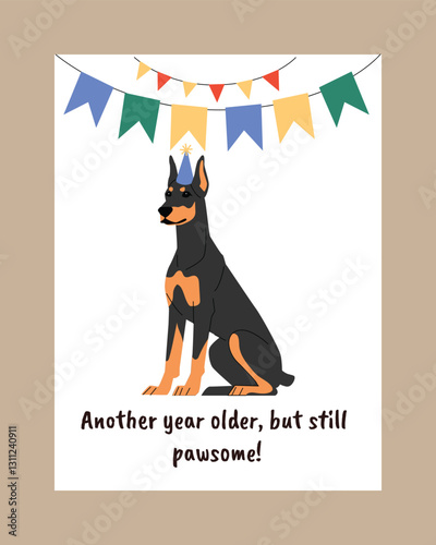 A digital illustration of a Doberman wearing a party hat, sitting under colorful pennant banners. The festive design and cheerful atmosphere make it perfect for birthday celebrations and pet lovers