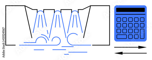 Water flows through dam turbines creating energy, accompanied by calculator indicating efficiency analysis. Ideal for sustainability, energy, engineering, technology, environment, renewable
