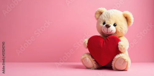 Adorable teddy bear clutching heart-shaped gift box Pink background , cuddly, design