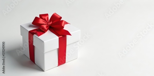 Classic white gift box adorned with a bright red bow , holiday, bright
