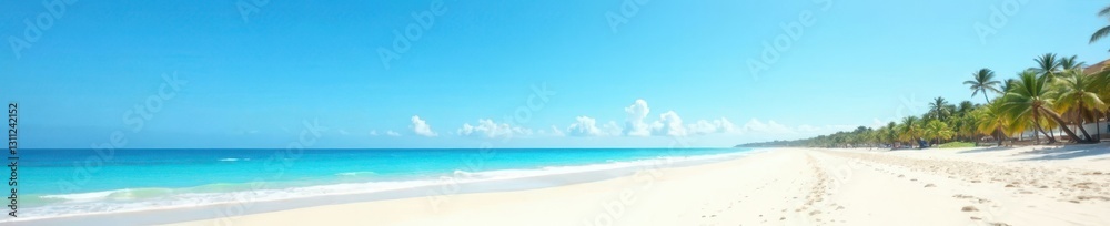 Expansive empty beach, vivid blue sky overhead Fine white sand, warm sunlight , nature, waves Expansive empty beach, vivid blue sky overhead Fine white sand, warm sunlight , nature, waves