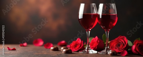 Elegant wine glasses with roses, heart shaped chocolates , dark, still life, red wine