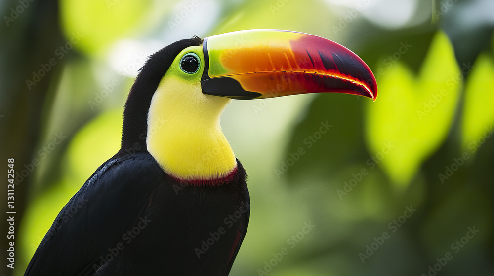 Fototapeta premium Majestic toucan with vibrant beak glowing in lush greenery