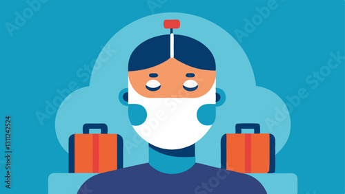 User Experience A closeup of a persons face with the mask on with suitcases of stress evaporating above their head symbolizing relaxation.