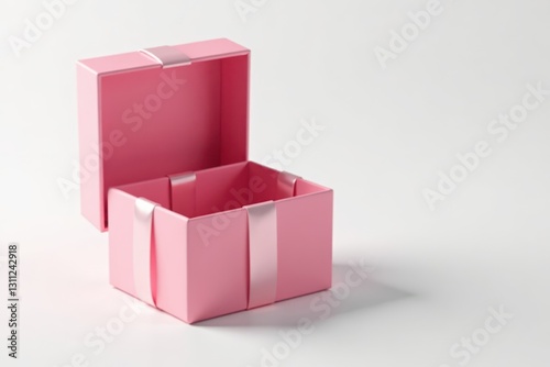 Open pink gift box with delicate ribbon, white background, open, retail, pink