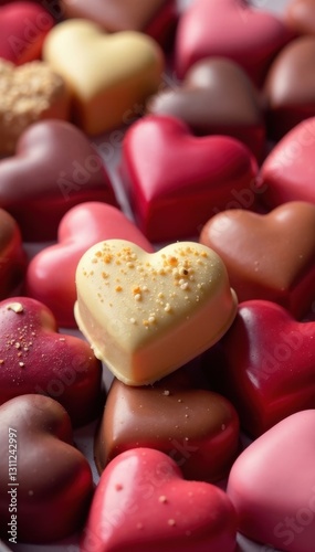 Pile of heart-shaped chocolates, various colors, chocolate, assortment