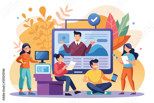 A group of individuals interactively following news and sharing information in a vibrant environment, People watching the news Customizable Flat Illustration