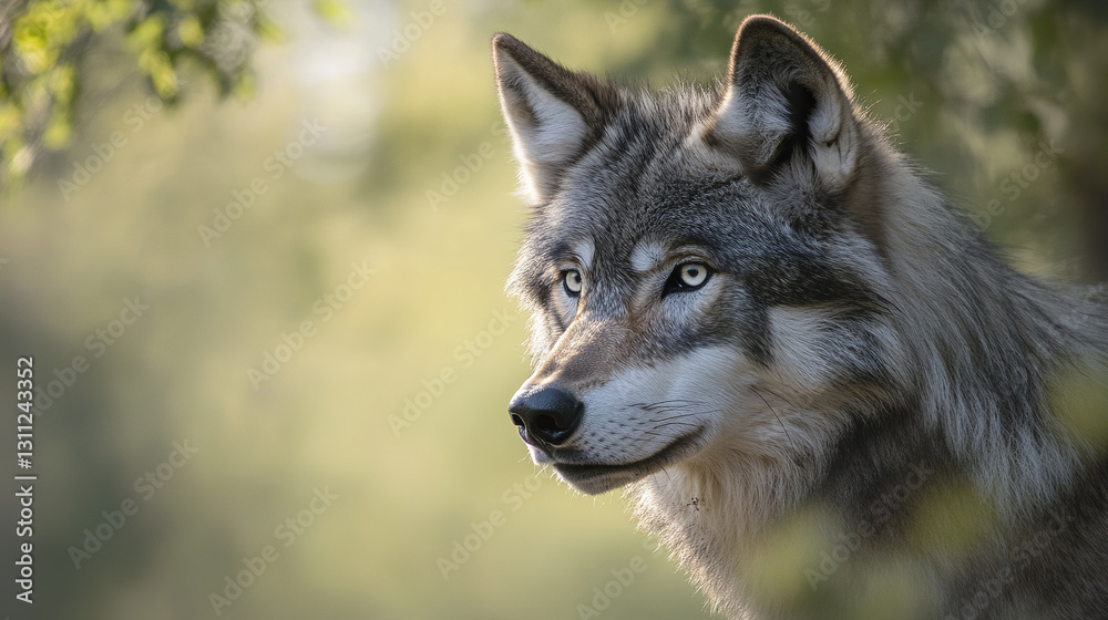 Majestic wolf headshot with ears perked and deep gaze in sunlight Majestic wolf headshot with ears perked and deep gaze in sunlight
