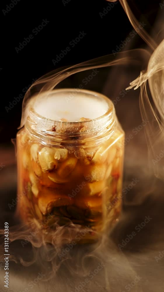 Honey and nuts in a jar rotate against a smoky black background in a captivating visual display