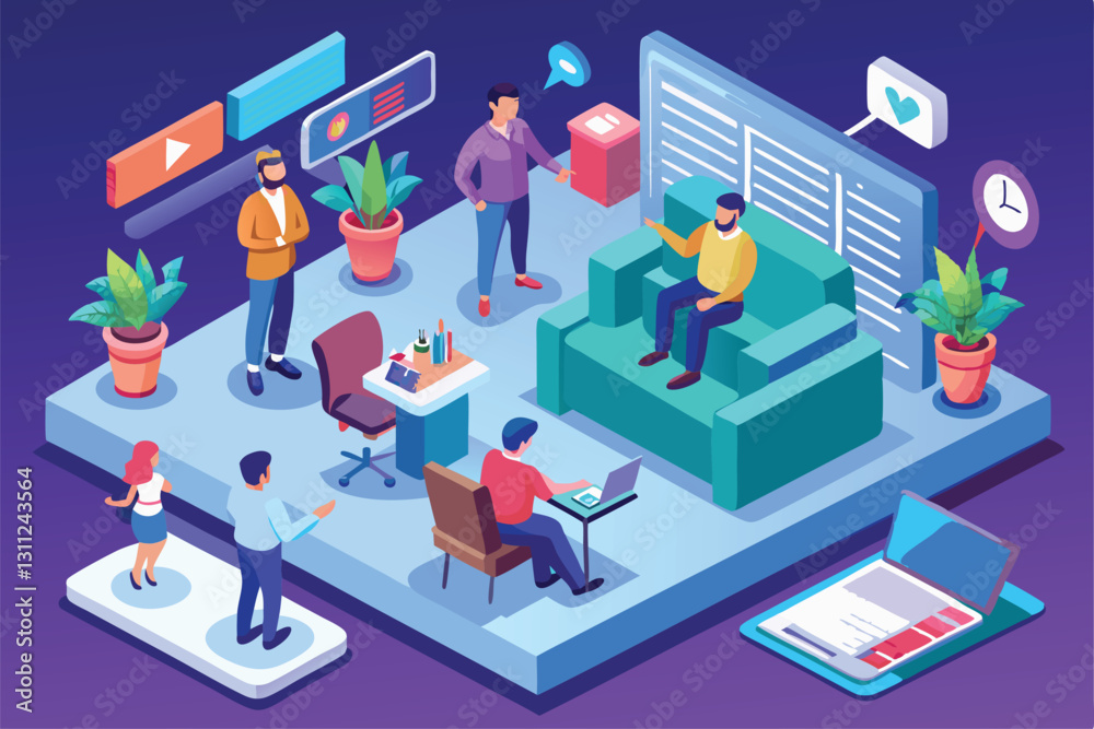 A group is actively discussing news updates in a stylish office environment, showing various activities, People watching the news Customizable Isometric Illustration A group is actively discussing news updates in a stylish office environment, showing various activities, People watching the news Customizable Isometric Illustration