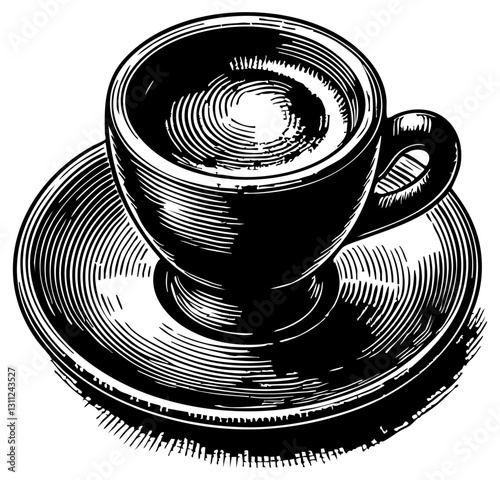 Vintage Etching Style Espresso Cup Black and White Illustration