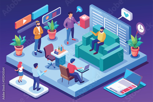 A group is actively discussing news updates in a stylish office environment, showing various activities, People watching the news Customizable Isometric Illustration