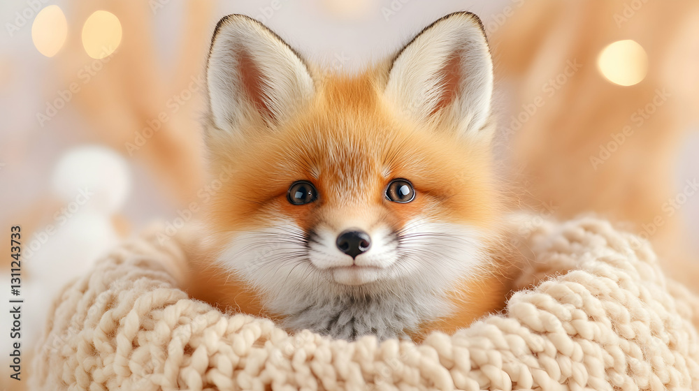 Fototapeta premium Fox pup nestled in cozy knitwear in studio with blurred decorative light background