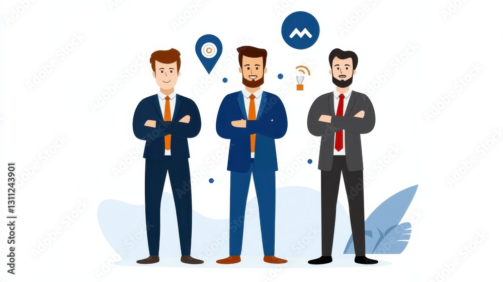 Three confident and determined business professionals in formal suits standing together and discussing corporate strategy and plans in an office meeting or conference Three confident and determined business professionals in formal suits standing together and discussing corporate strategy and plans in an office meeting or conference